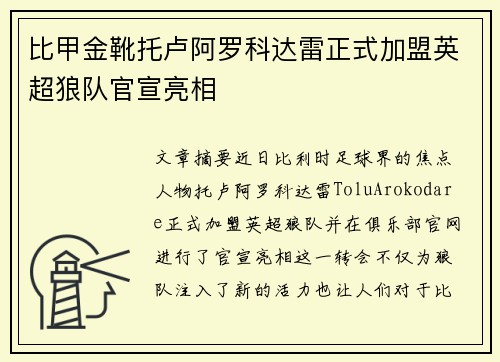 比甲金靴托卢阿罗科达雷正式加盟英超狼队官宣亮相